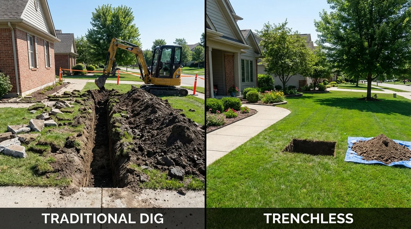 Trenchless sewer repair with minimal yard damage versus traditional excavation in Tilton, NH