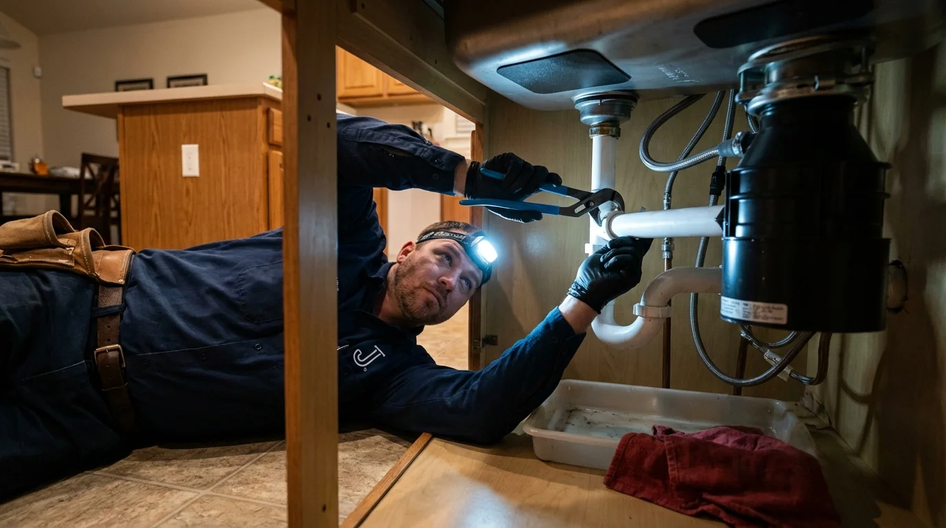 P-trap and supply line connections under a kitchen sink showing a common leak point in Tilton, NH